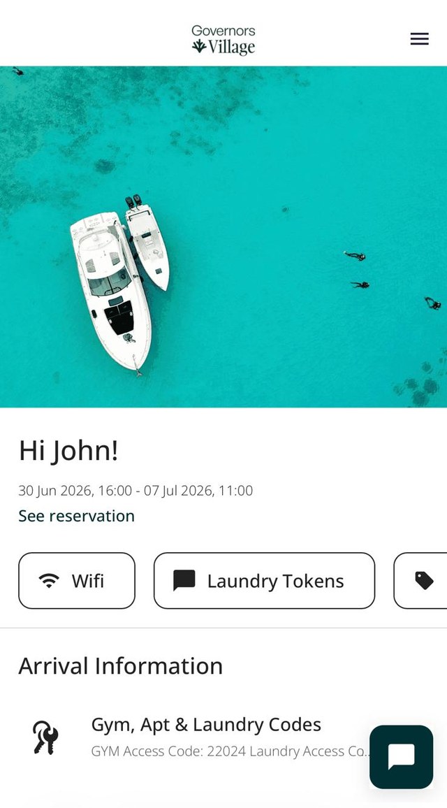 Governors Village guest app showing check-in, Wi-Fi, laundry tokens and arrival information
