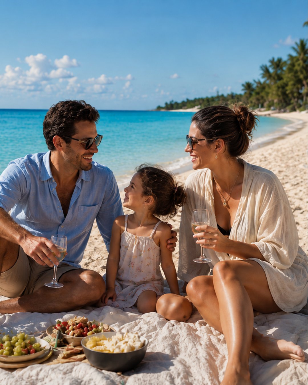 A family enjoying a festive beach picnic on Seven Mile Beach near Governors Village, Grand Cayman
