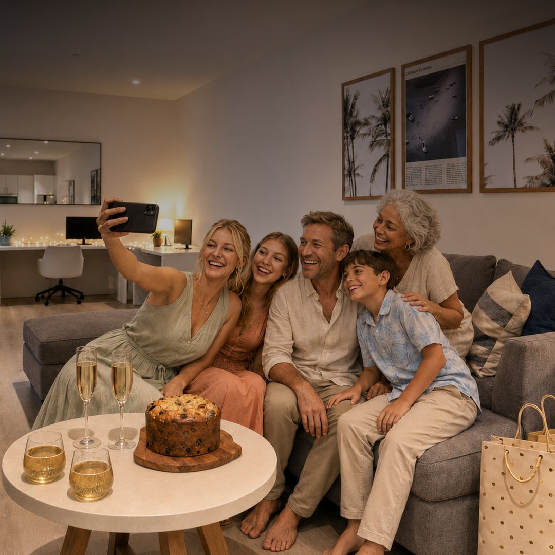 A family celebrating the festive season together in a Governors Village apartment, Grand Cayman